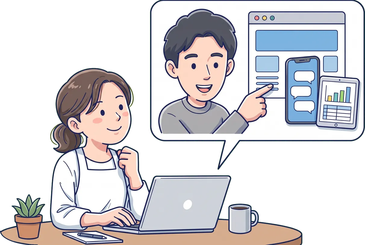 店主とオンラインで画面を見ながら話す担当者